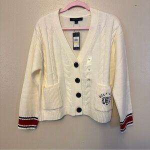 Varsity Women's Cream Cardigan with Black Buttons and Red Accents